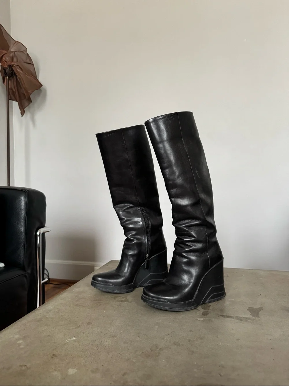 Prada Black Tall Leather Wedge Boots